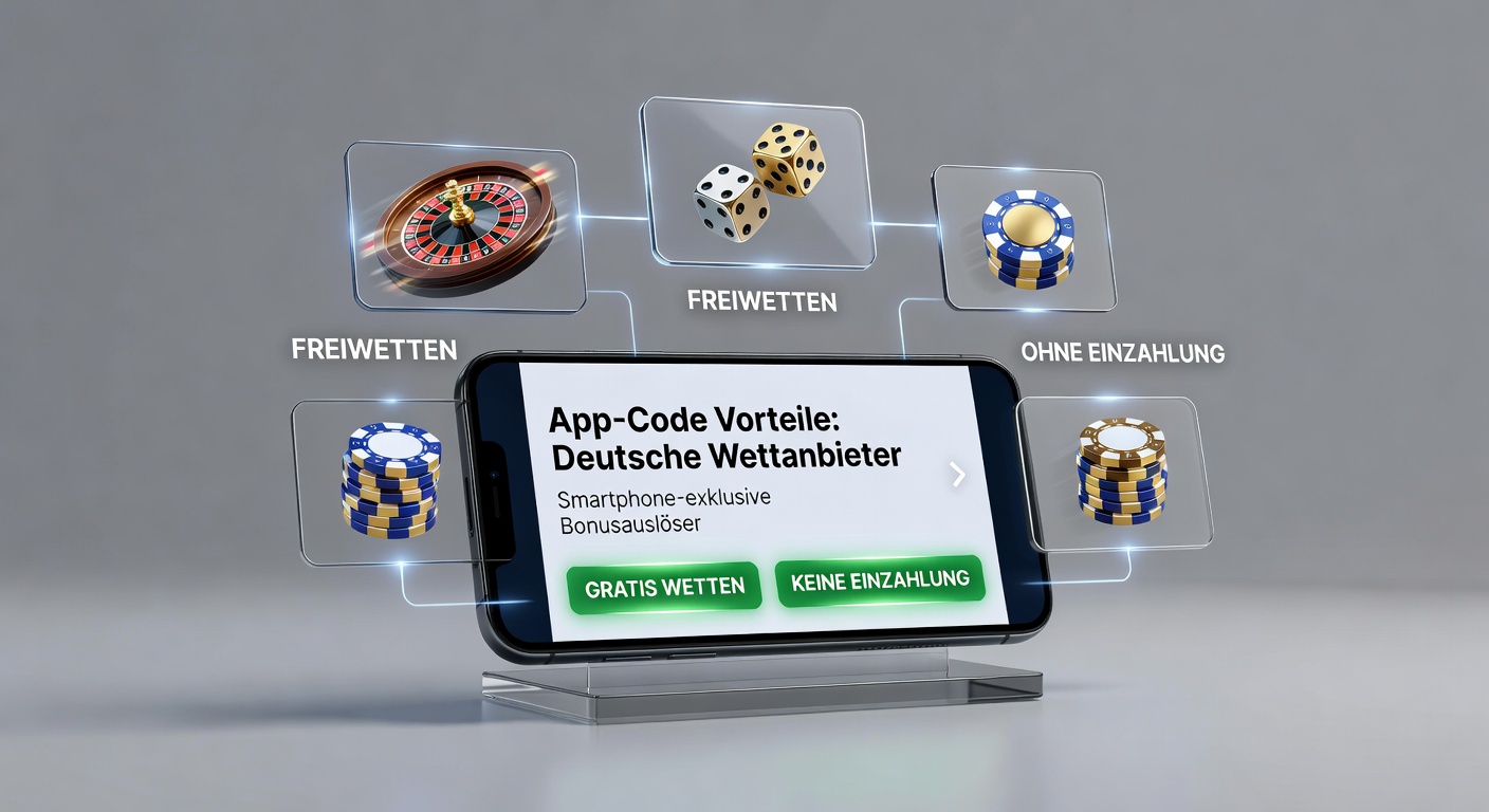 Smartphone mit Wett-App und aktiviertem Bonus-Code auf dem Bildschirm, umgeben von Icons für Freebets und No-Deposits bei deutschen Buchmachern