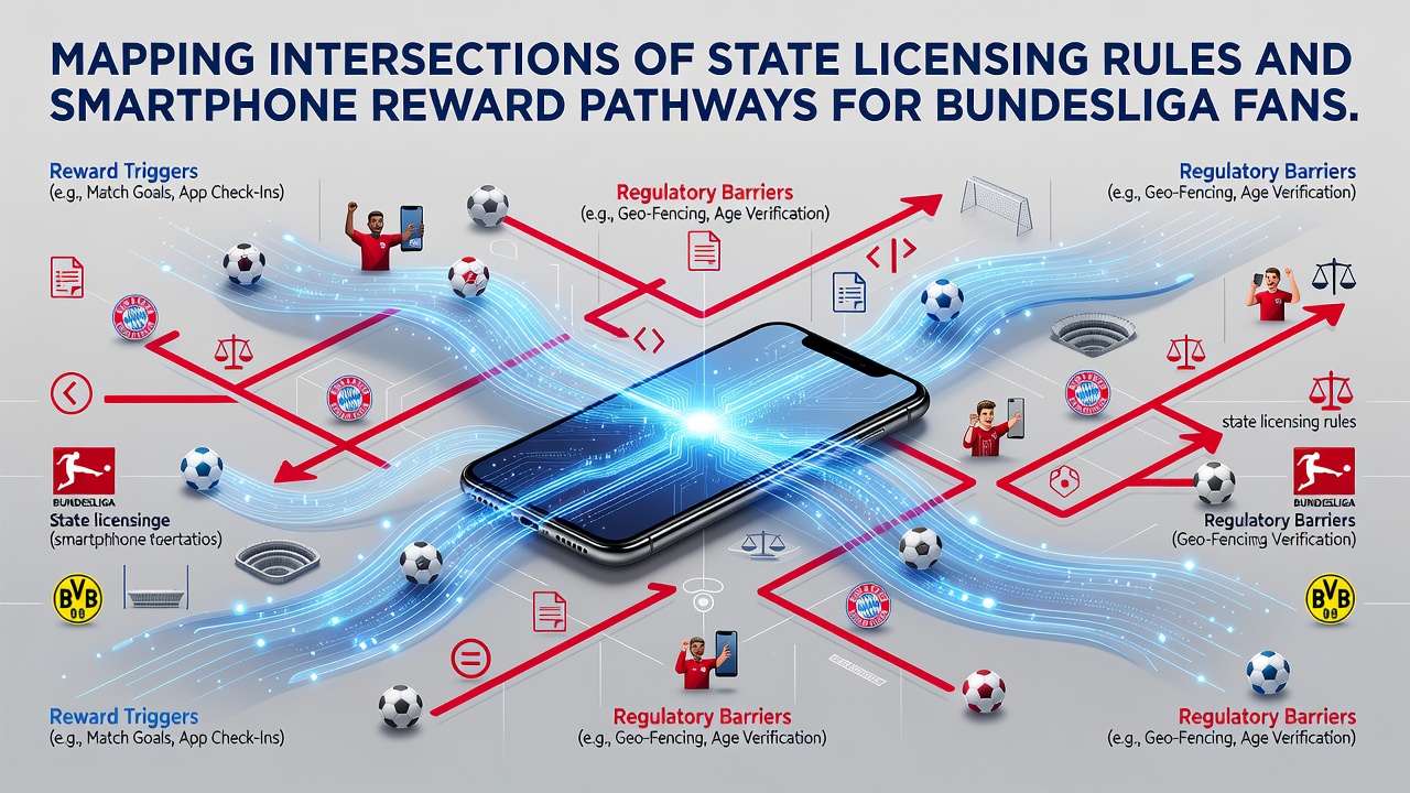 Karte deutscher Bundesländer mit Überlagerung von Smartphone-Belohnungswegen und Lizenzsymbolen für Bundesliga-Wetten