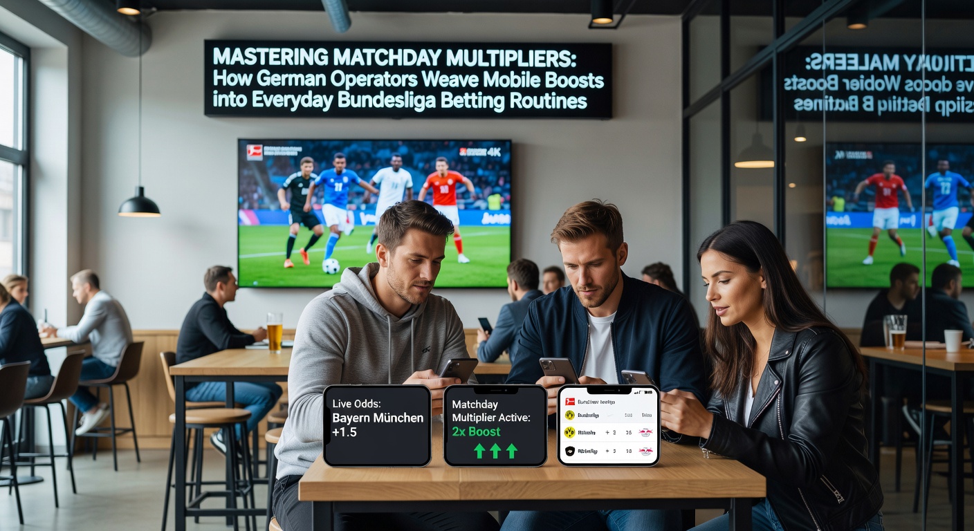 Deutsche Wett-Apps zeigen Matchday-Multiplikatoren während einer Bundesliga-Partie auf dem Smartphone-Display