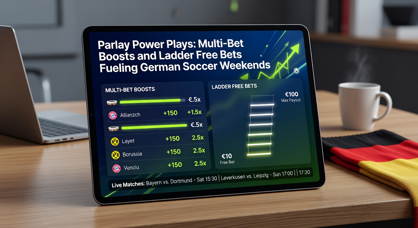 Grafik einer Leiterwette mit Bundesliga-Teams, die schrittweise Odds-Boosts zeigt und Fans in Ekstase versetzt