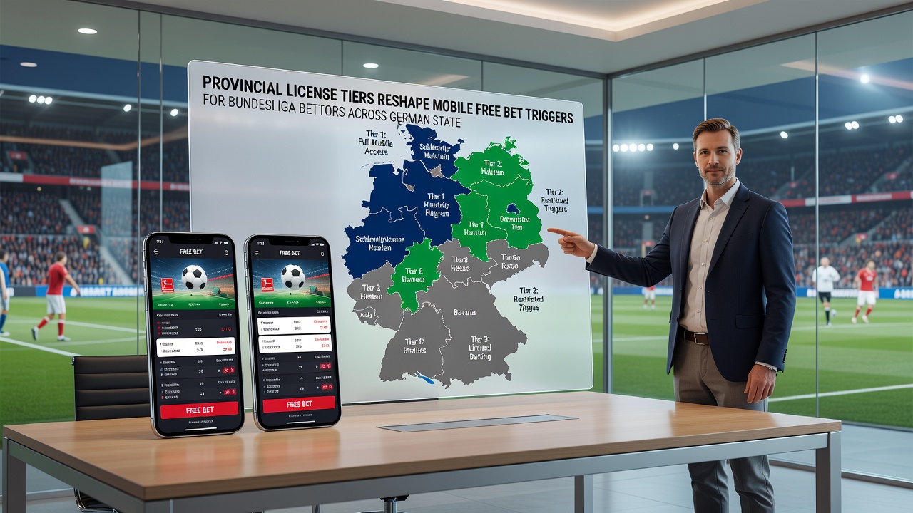 Smartphone-Bildschirm mit einer deutschen Wett-App, die regionale Free-Bet-Trigger für ein Bundesliga-Spiel anzeigt